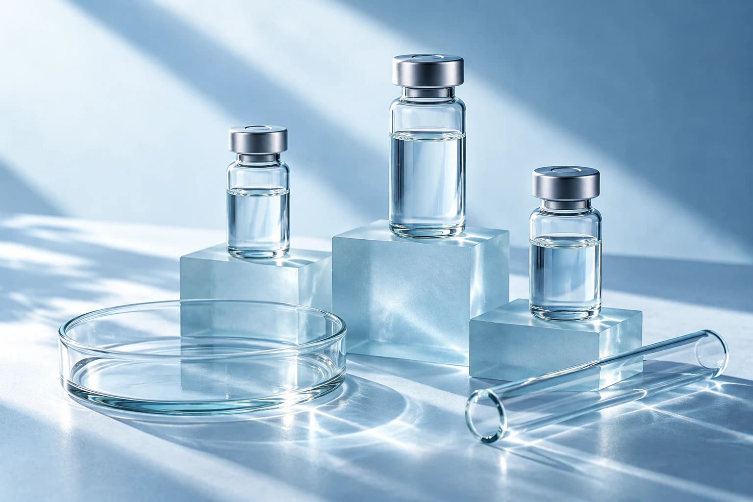 Conceptual glass laboratory materials on blue glass platforms